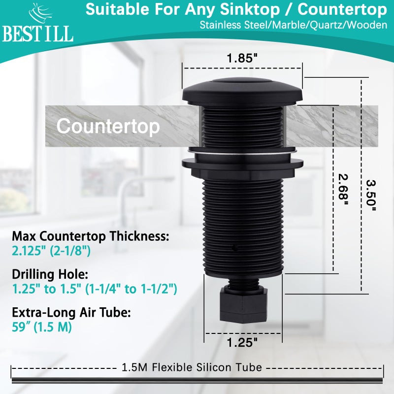 BESTILL Sink Top Garbage Disposal Air Switch Button with 5 Ft Air Hose, Matte Black 3.6" Long On/Off Push Button with Brass Cover, Compatible with all Power Modules - Image 4
